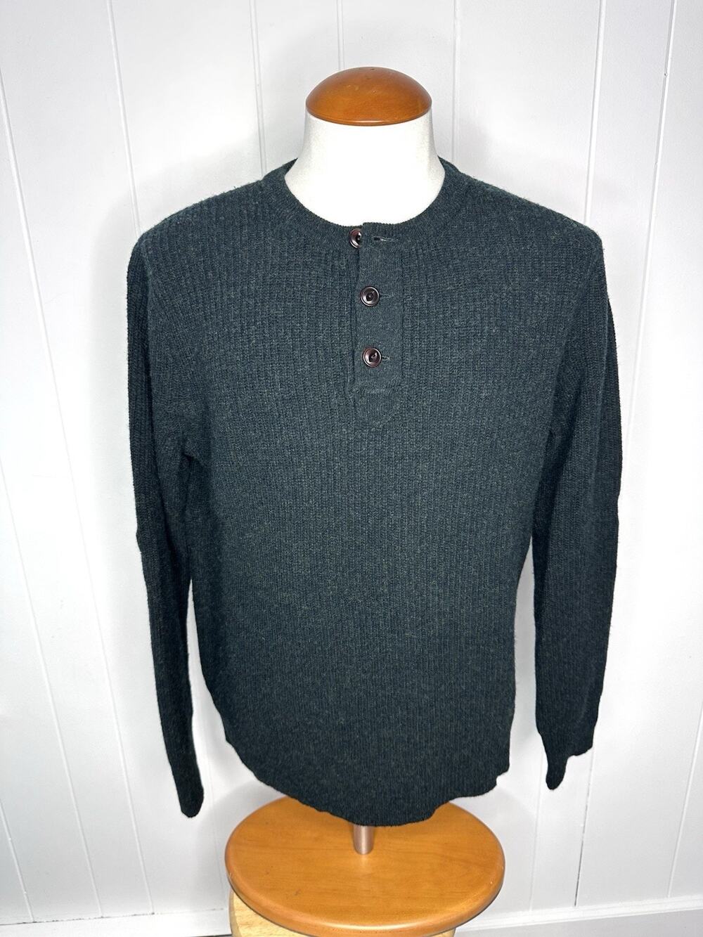 NWT Wallace & Barnes Sweater Mens MED Green Wool Nylon Henley Knit Pullover